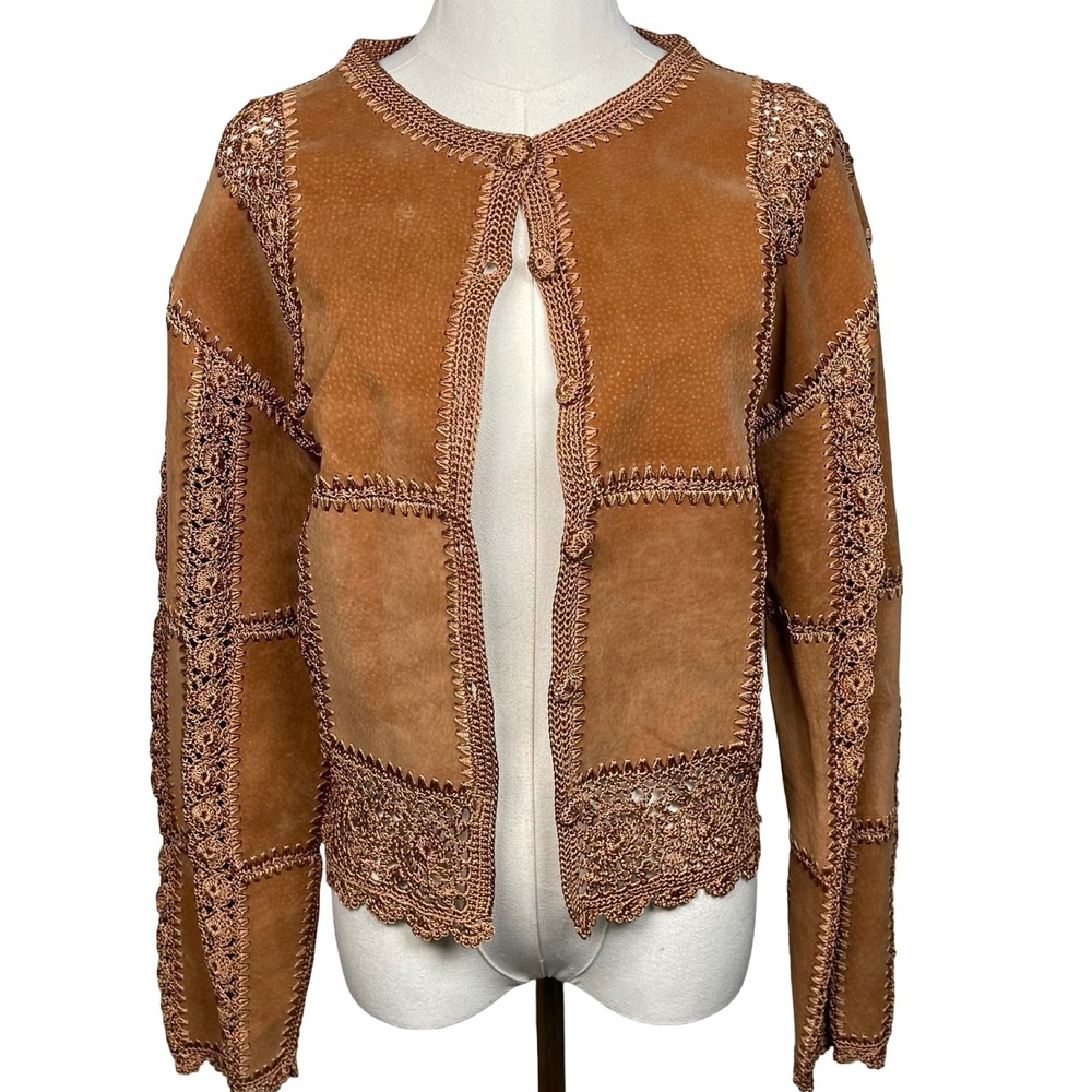 Vintage Leather Crochet Patchwork Jacket Women M Brown Boho Suede Western